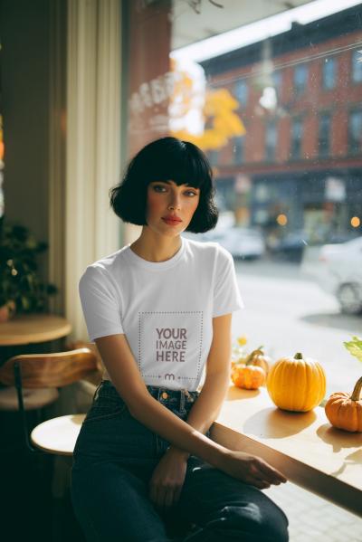 T-Shirt Mockup on Female Model in Café Halloween Theme