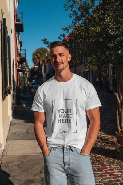 T-Shirt Mockup on Male Model Standing Outdoors