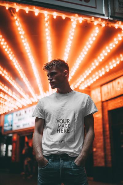 T-Shirt Mockup on Male Model in Front of Cinema Hall