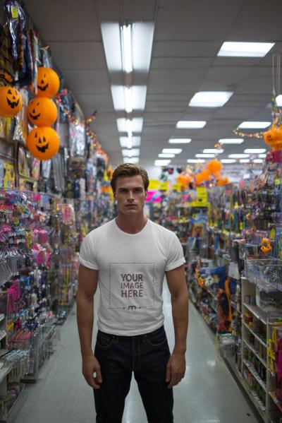 T-Shirt Mockup on Male Model Inside Store with Halloween Decor