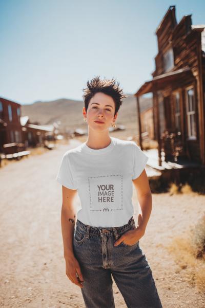 T-Shirt Mockup on Short-Haired Woman in Western Street Scene