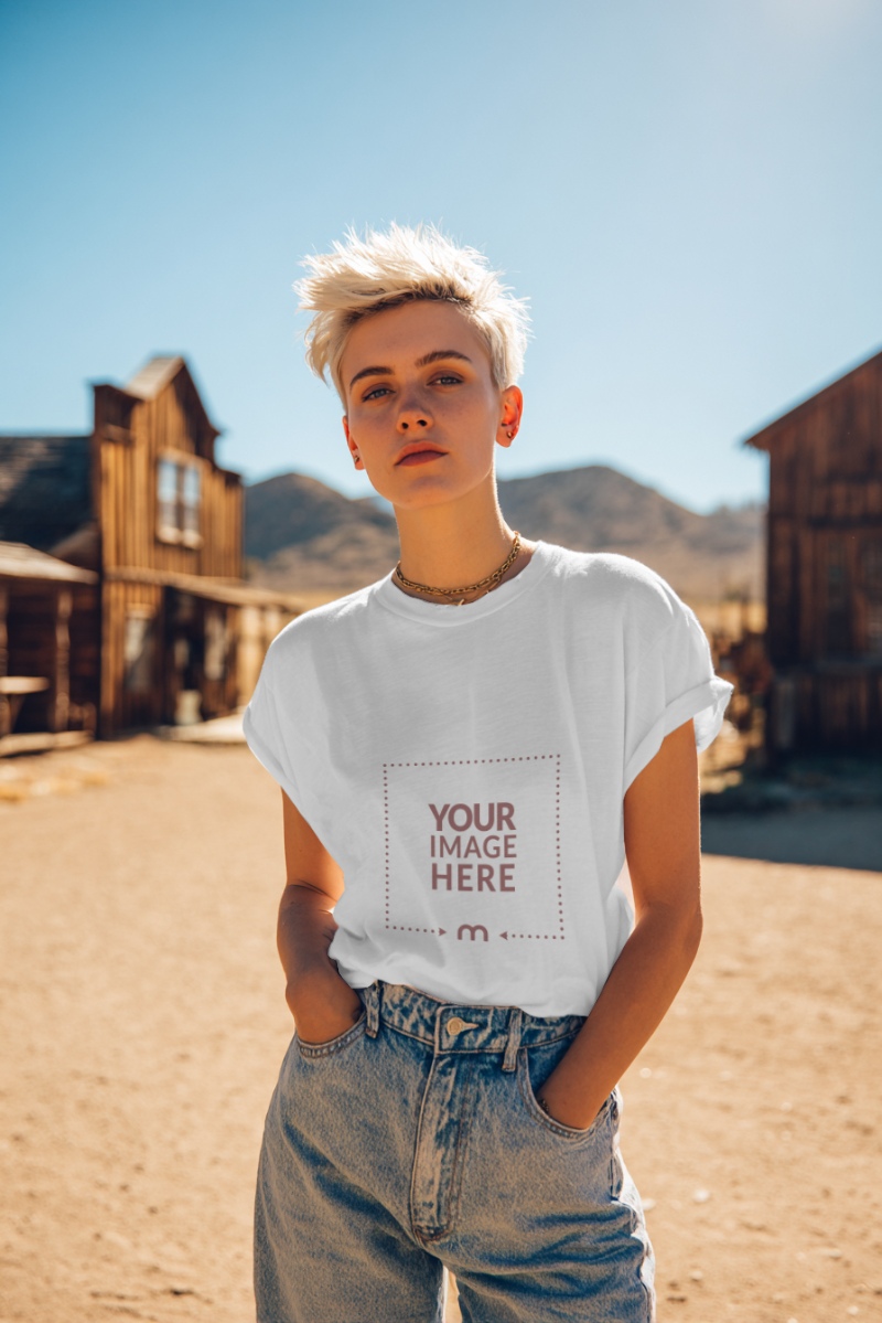 T-Shirt Mockup on Short-Haired Woman in Western Outdoor Setting T-Shirt Mockup on Short-Haired Woman in Western Outdoor Setting preview image