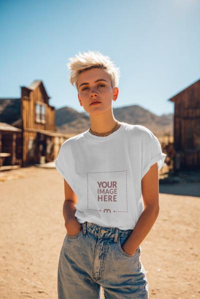 T-Shirt Mockup on Short-Haired Woman in Western Outdoor Setting