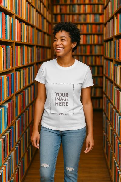T-Shirt Mockup on Woman Inside Library Setting