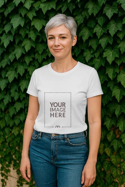 T-Shirt Mockup on Woman in Front of Green Meadows
