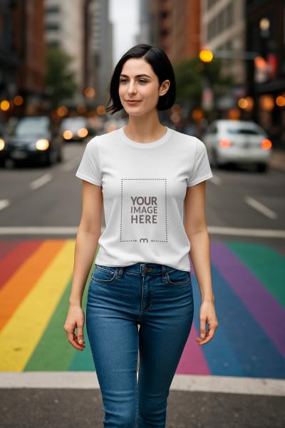 T-Shirt Mockup on Woman Walking on City Street