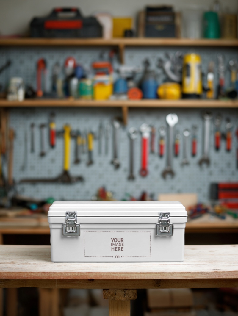Toolbox Mockup in Workshop for Industrial Branding Toolbox Mockup in Workshop for Industrial Branding preview image