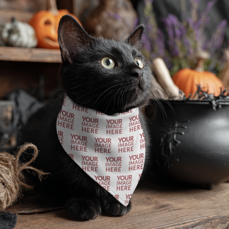 Triangular Scarf Mockup on Cat for Halloween Pet Costume Triangular Scarf Mockup on Cat for Halloween Pet Costume preview image