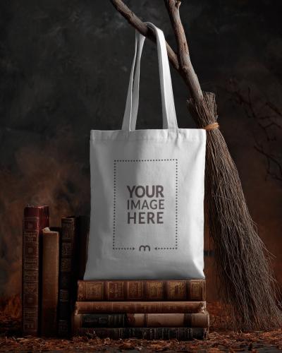 Tote Bag Mockup with Halloween Décor for Festive Branding