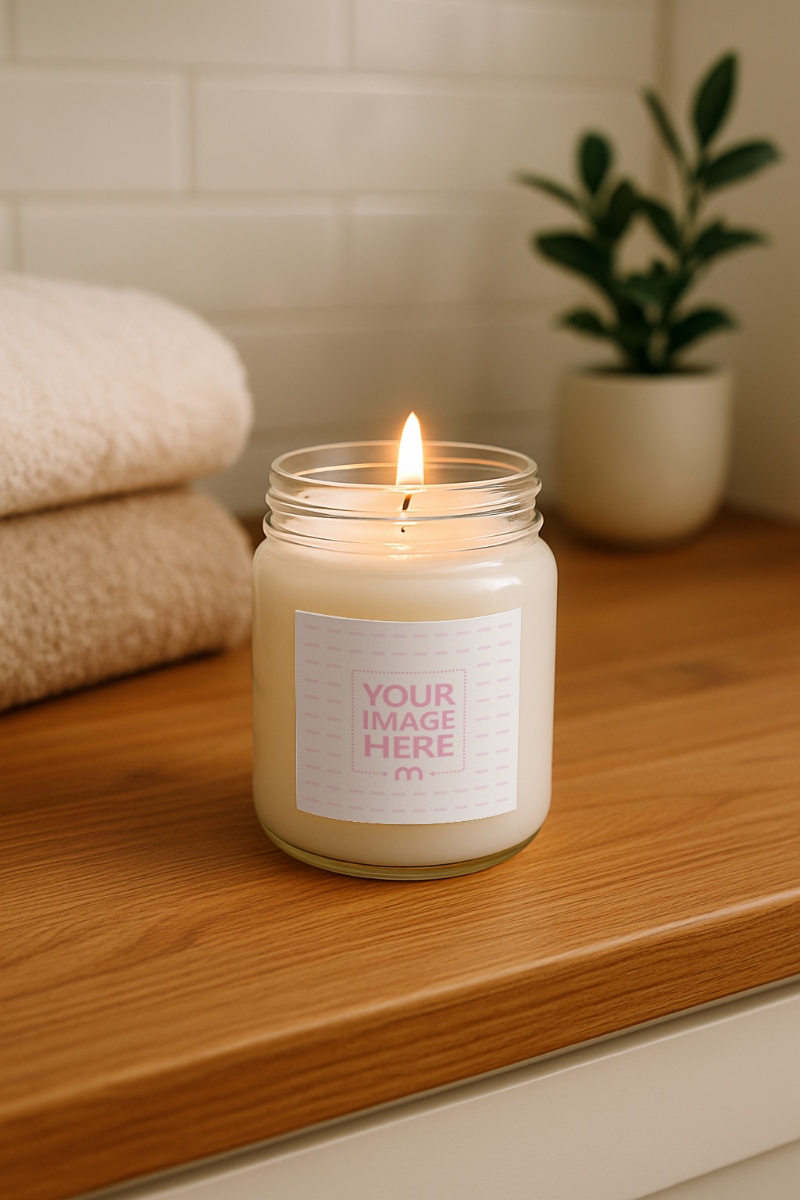 Glass Candle Mockup on Wooden Table for Spa Center preview image