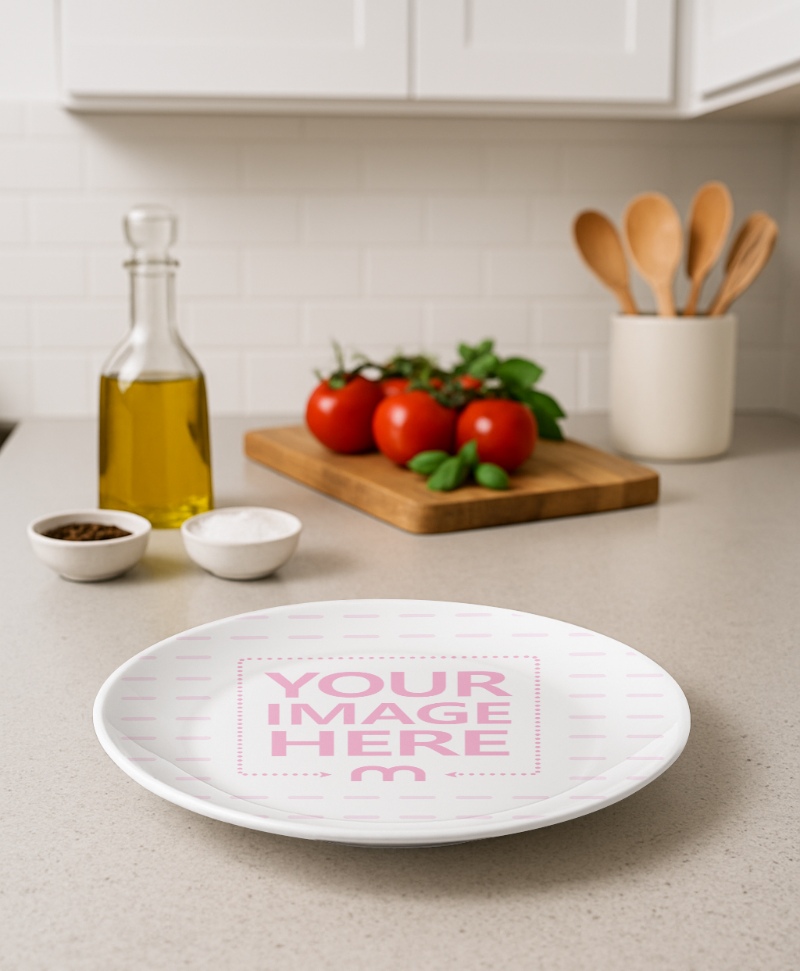 Plate Mockup in Kitchen with Utensils and Vegies Behind preview image