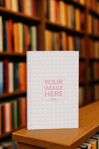 Book Mockup on Wooden Table with Library Bookshelf Background