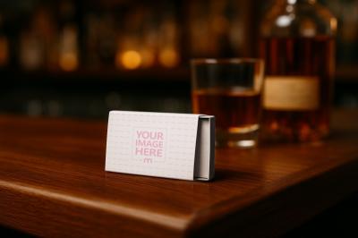 Match Box Mockup on Table with Drink Bottle in Cozy Bar Scene