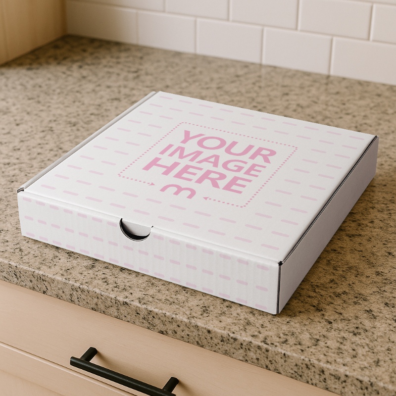 Pizza Box Mockup on Minimalist Kitchen Background preview image