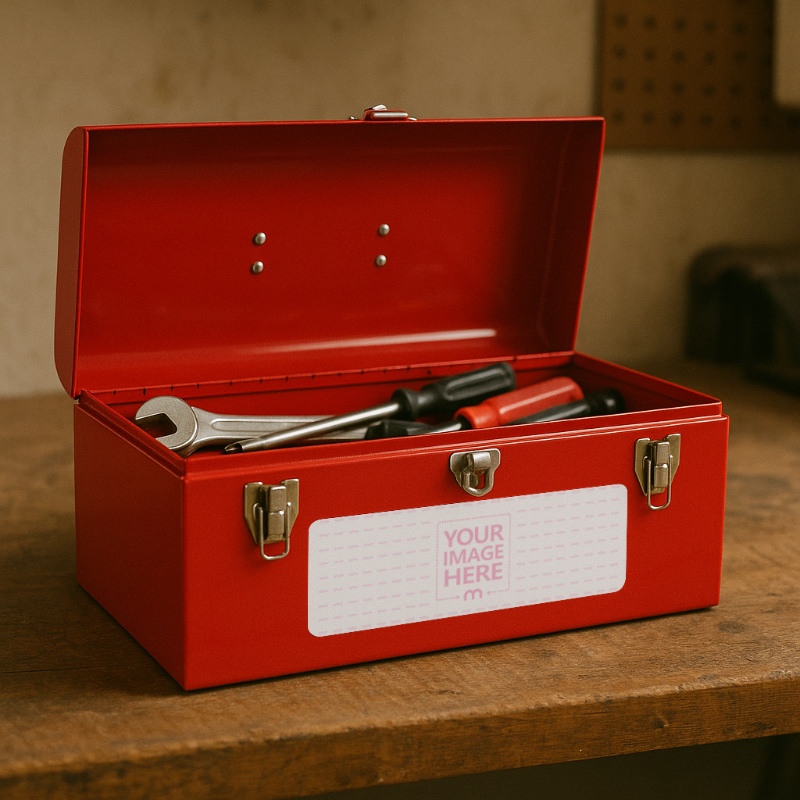 Toolbox Label Mockup on Wooden Table preview image
