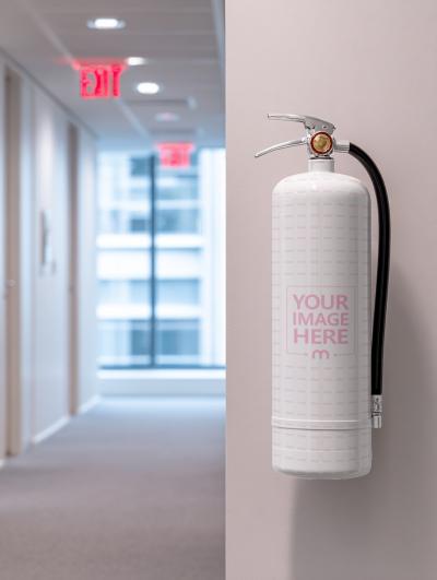 Fire Extinguisher Mockup Hanged in Modern Office Corridor