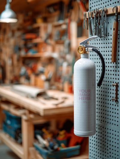 Fire Extinguisher Mockup in Workshop Background
