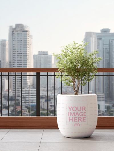Big Flower Pot Mockup with Tree on Balcony in Cityscape Background