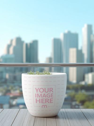 Big Flower Pot Mockup on Balcony in Cityscape Setting