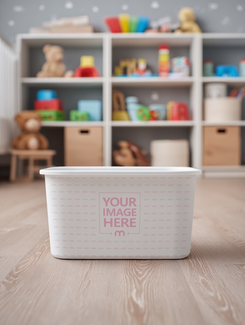 Toy Storage Box Mockup in Colorful Children’s Room with Teddy Bear preview image