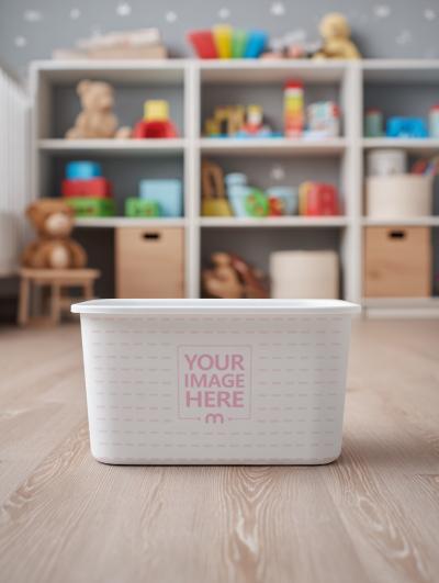 Toy Storage Box Mockup in Colorful Children’s Room with Teddy Bear