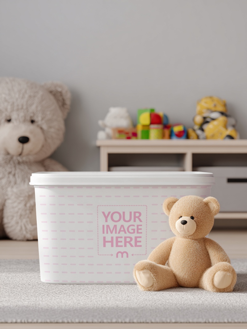 Toy Box Mockup Next to Teddy Bear in Kids’ Bedroom preview image