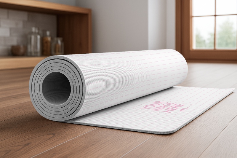Partially Rolled Up Yoga Mat Mockup in Living Room preview image