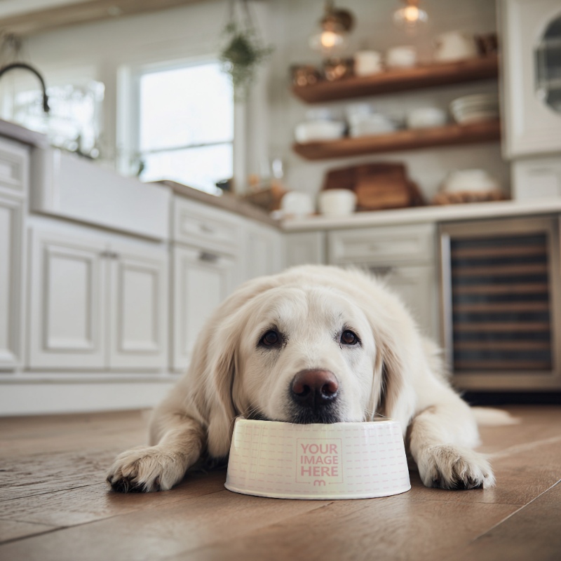 Pet Food Bowl Mockup with Dog in Kitchen Room preview image