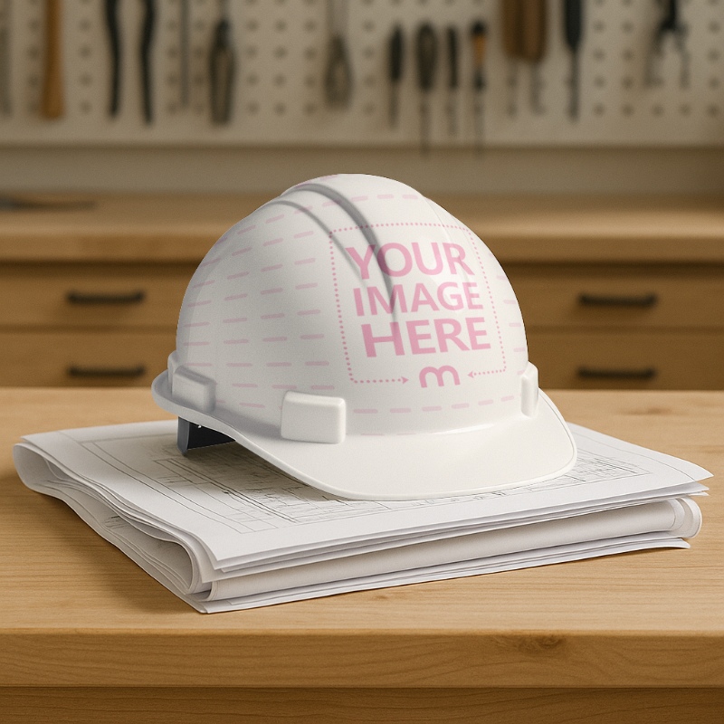 Safety Helmet Mockup on Wooden Table with Workshop Background preview image