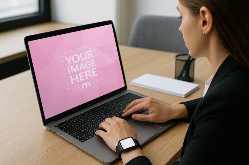 Laptop Mockup with Woman Typing in Office Scene preview image