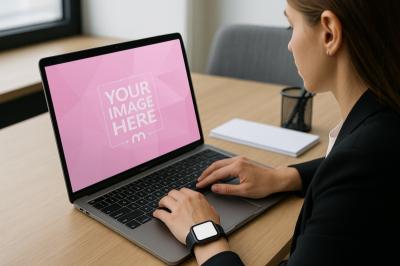 Laptop Mockup with Woman Typing in Office Scene