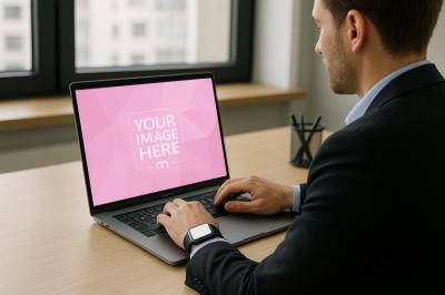 Laptop Mockup with Man Typing in Office Scene