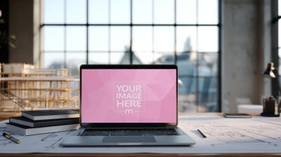 Laptop Mockup on Architect Desk with Tools and Books
