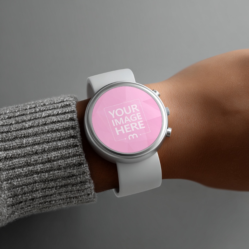 Round Smartwatch Mockup on Hand for App Preview preview image