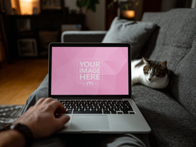 Laptop Mockup with Man Sitting on Sofa and Cat in Background preview image