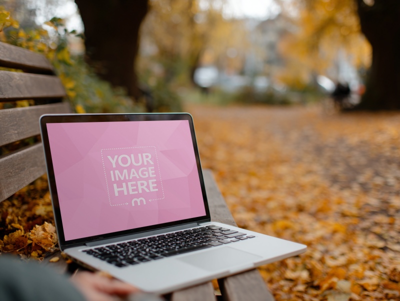 Laptop Mockup on Wooden Bench in Autumn Park with Fallen Leaves preview image