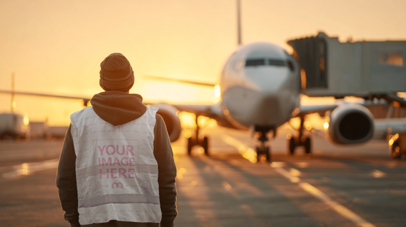Back View Vest Mockup with Man Watching Plane Landing preview image