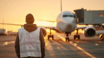 Back View Vest Mockup with Man Watching Plane Landing