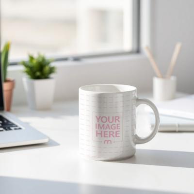 Mug Mockup on Table with Bokeh Background and Vase Decor