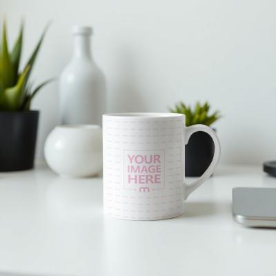 Mug Mockup on Table with Soft Lighting and Bokeh Plant Scene
