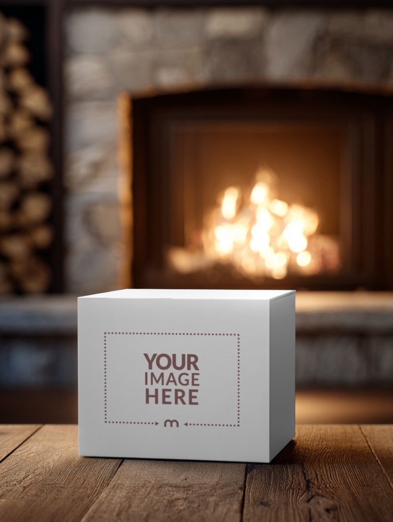 Gift Packaging Mockup in Front of Fireplace for Christmas Products preview image