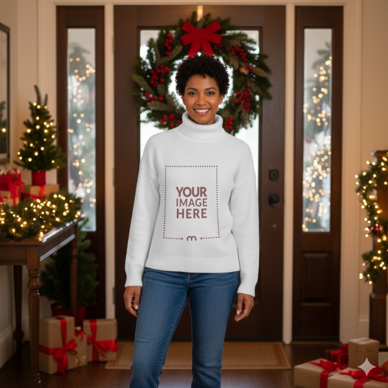 Full Sleeve Sweater Mockup on Woman with Christmas Themed Backdrop preview image