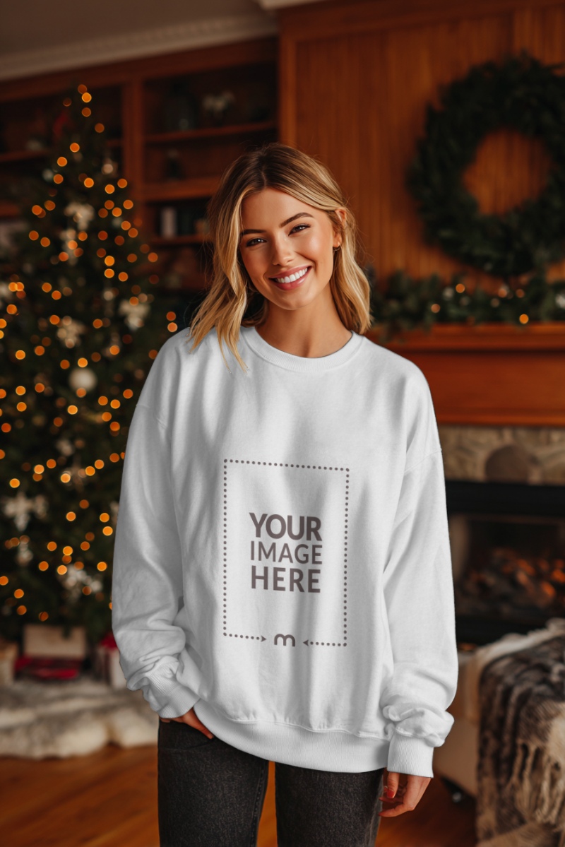 Full Sleeve Sweatshirt Mockup with Woman in Front of Christmas Decor preview image