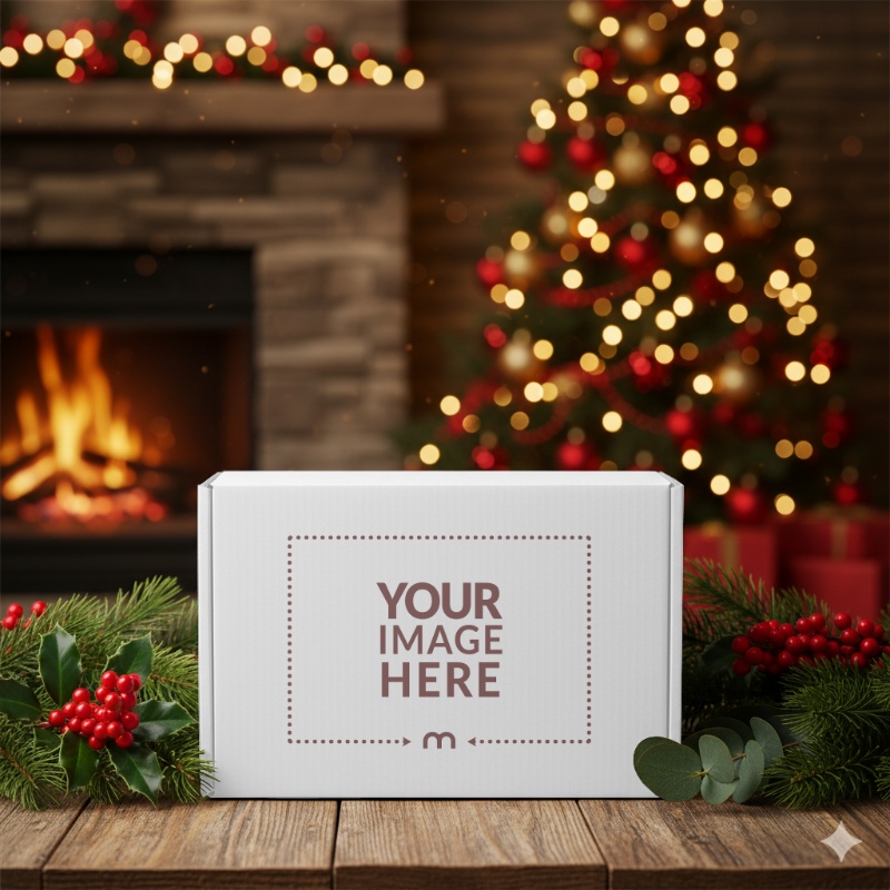 Gift Box Mockup Front View in Christmas Room for Packaging Design preview image