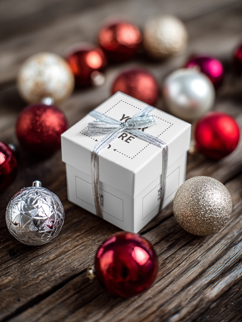Angled Gift Box Mockup in Front of Christmas Décor preview image