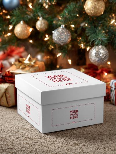 Gift Packaging Mockup with Wrapped Box in Cozy Christmas Decor