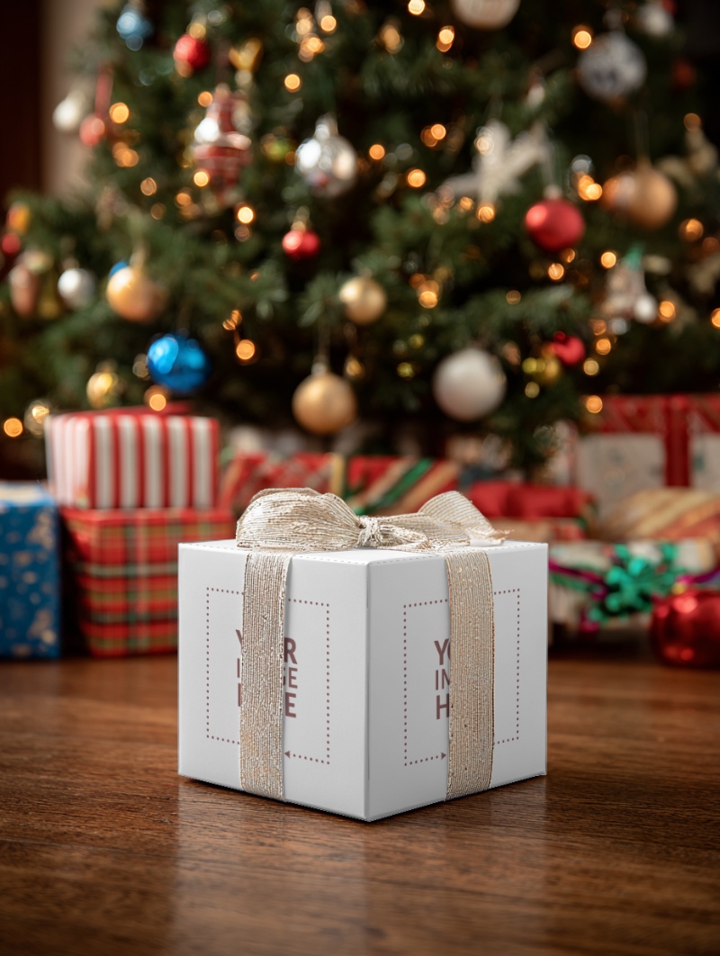 Wrapped Gift Box Mockup in Front of Tree for Christmas Packaging preview image