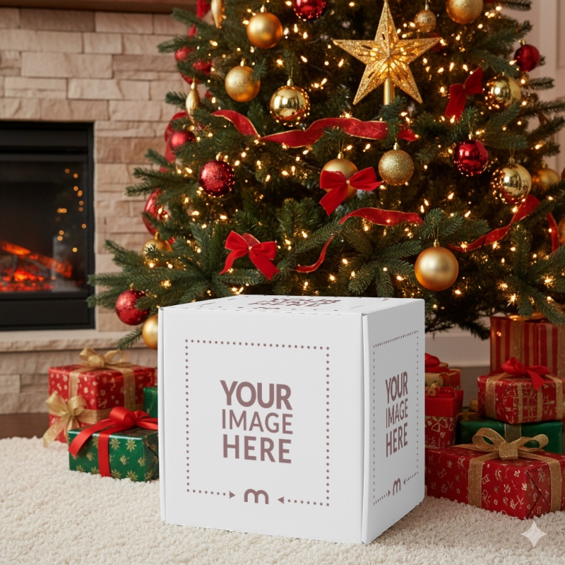 Gift Box Mockup on Decorative Christmas Background preview image