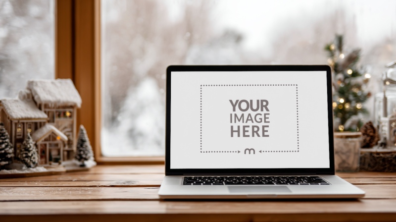Laptop Mockup on Table with Christmas Decor for Holiday Display preview image