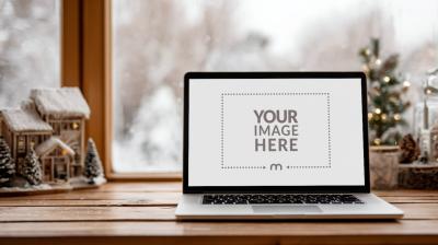 Laptop Mockup on Table with Christmas Decor for Holiday Display